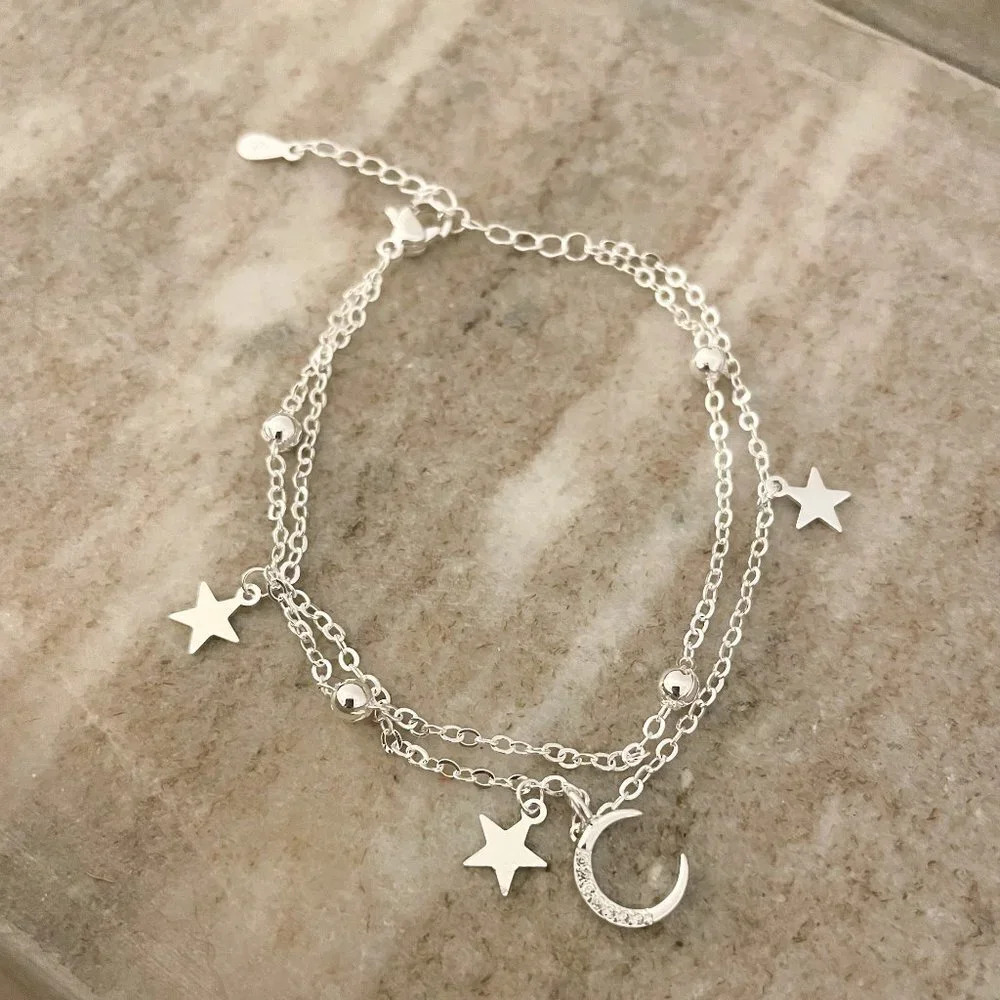 925 Sterling Silver Multi-Layer Bracelet Dainty Moon And Star Bracelet